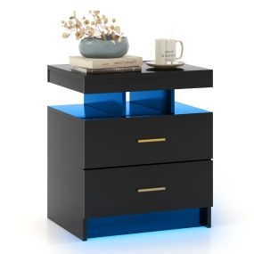 Mesita de noche LED negra con 2 cajones, luz ajustable y control remoto 50 x 40 x 58 cm