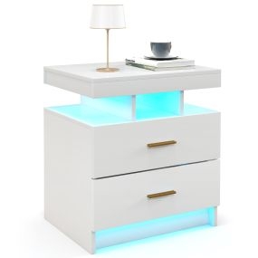 Mesita de noche LED blanca con 2 cajones y luz ajustable con control remoto 50 x 40 x 58 cm