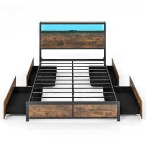 Estructura de cama doble 140 x 200 cm de metal con cabecero LED RGB, 4 cajones y USB