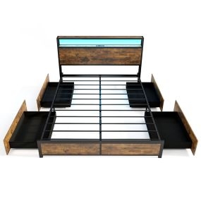 Estructura de cama king 160 x 200 cm de metal con cabecero LED RGB, 4 cajones y USB