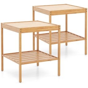 Juego de 2 Mesitas de Noche de Bambú de 2 Niveles Mesa Auxiliar con Estante Compacta para Salón Dormitorio 40 x 40 x 45 cm Natural