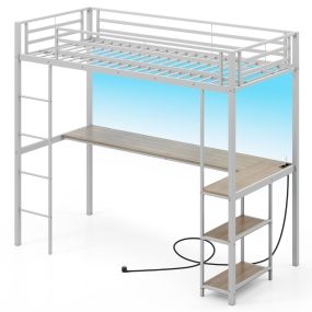 Cama loft metálica plata 200 x 90 cm con escritorio, LED, estación de carga, barandilla y escalera