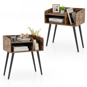 Juego de 2 Mesita de Noche Estilo de Mediados de Siglo Moderno Mesa Lateral de 2 Niveles con Estantes para Salón Dormitorio Marrón