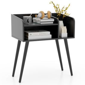 Juego de 1 Mesita de Noche Estilo de Mediados de Siglo Moderno Mesa Lateral de 2 Niveles con Estantes para Salón Dormitorio Negro