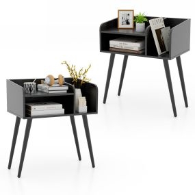 Juego de 2 Mesita de Noche Estilo de Mediados de Siglo Moderno Mesa Lateral de 2 Niveles con Estantes para Salón Dormitorio Negro