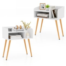 Juego de 2 Mesita de Noche Estilo de Mediados de Siglo Moderno Mesa Lateral de 2 Niveles con Estantes para Salón Dormitorio Blanco