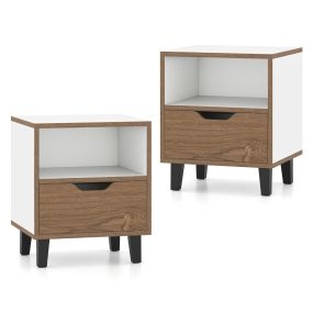 2 Mesita de Noche Mesa Lateral Moderno con Cajón Estante de Almacenaje Abierto Patas de Metal Mesa para Dormitorio Sala de Estar Blanco
