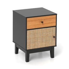 Mesita de Noche de Ratán Mesa Lateral Moderno con Cajón y Armario Mesa Boho con Patas de Madera Sólida para Sala de Estar Dormitorio Negro