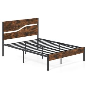 Cama de metal para colchón 200 x 140 cm con cabecera y pie de madera marrón rústico