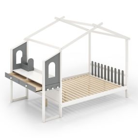 Cama Casa Doble con Escritorio Cama Plataforma de Madera con Cabecero Base de Colchón con 18 Listones No Necesita Somier 200 x 140 cm Blanco