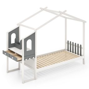 Cama Casa Individual con Escritorio Cama Plataforma Base con 18 Listones de Madera Blanco y Gris-Doble