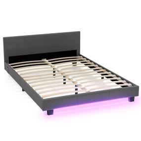 Estructura de cama doble de madera sólida con cabecera y pie de cama tapizados gris con tiras LED y control remoto