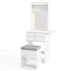Mesa de maquillaje con espejo y luces, estación de carga, taburete, cajones, estantes y panel plegable blanco