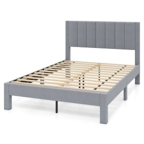 Cama de plataforma tapizada gris con cabecero de terciopelo y lamas de madera 211 x 141 x 109 cm