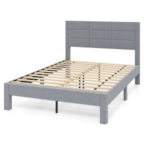 Marco de cama doble con cabecero acolchado, plataforma de láminas de madera, gris, 211 x 141 x 109 cm