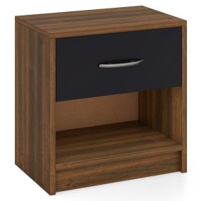 Mesita de Noche con 1 Cajón Mesa Auxiliar con Estante de Almacenamiento Abierto Compacta para Espacios Pequeños Dormitorio-Marrón+Negro