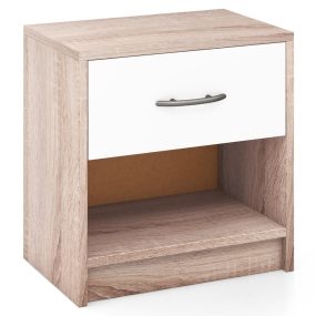 Mesita de Noche con 1 Cajón Mesa Auxiliar con Estante de Almacenamiento Abierto Compacta para Espacios Pequeños Dormitorio-Natural+Blanco
