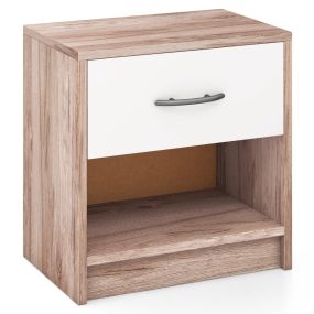 Mesita de Noche con 1 Cajón Mesa Auxiliar con Estante de Almacenamiento Abierto Compacta para Espacios Pequeños Dormitorio-Roble+Blanco