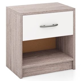 Mesita de Noche con 1 Cajón Mesa Auxiliar con Estante de Almacenamiento Abierto Compacta para Espacios Pequeños Dormitorio-Gris+Blanco