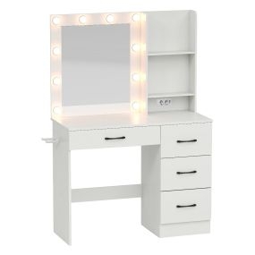 Mesa de Tocador con Espejo y Luces Tocador con Estación de Carga Luces LED de 3 Colores Estante para Secador Cajones y Estantes Blanco