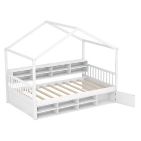 Cama individual con techo, estructura de madera, 14 cubos de almacenaje, armario cerrado blanco