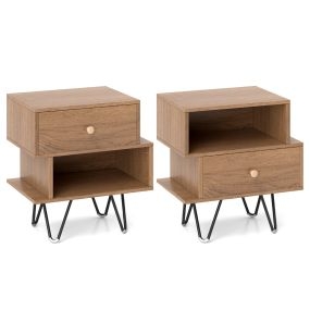 Juego de 2 Mesitas de Noche Mesa Auxiliar Moderna con Cajón Extraíble y Compartimento Abierto Mesa Lateral para Sala de Estar Natural
