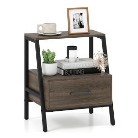 Mesita de Noche 3 Niveles con Estante Abierto Cajón y Estructura Metálica para Sala Dormitorio Espacios Pequeños 45 x 35 x 52,5 cm Gris