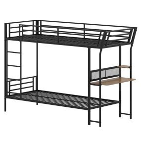 Cama litera individual con escritorio, estructura metálica, madera, barandillas de seguridad y escalera