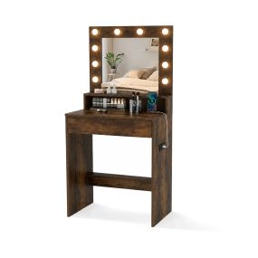Tocador industrial con espejo LED tres tonos, puertos USB, cajón y almacenaje 66 x 40 x 136 cm marrón negro