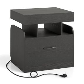 Mesita de Noche con 2 Tomas de Corriente 1 Puerto USB 1 Puerto Tipo-C con Cajón Estantes Mesilla de Noche Dormitorio 50 x 40 x 55 cm Negro