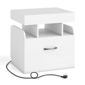Mesita de Noche con 2 Tomas de Corriente 1 Puerto USB 1 Puerto Tipo-C con Cajón Estantes Mesilla de Noche Dormitorio 50 x 40 x 55 cm Blanco