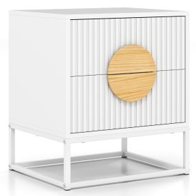 Mesita de Noche con 2 Cajones con Marco Metálico Tiradores de Madera de Pino Mesilla Lateral Moderna con Diseño Ondulado Elegante Blanco