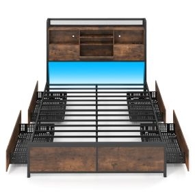 Cama plataforma industrial con luces LED, cabecero, 4 cajones, base metálica, 200x140 cm