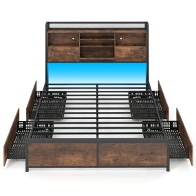 Cama plataforma industrial con luces LED, cabecero, 4 cajones, base metálica, 200x160 cm