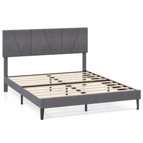 Somier de Cama con Plataforma Tapizada Cabecero Geométrico Ajustable en Altura y Listones de Madera 160 x 200 cm Gris Oscuro