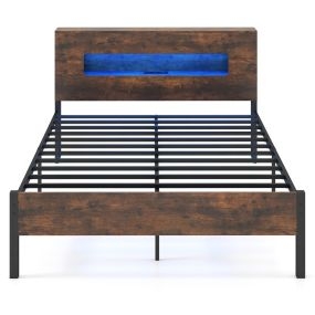 Cama de plataforma industrial con luces LED, cabecero con almacenamiento, tomas de corriente y lecho de listones 200 x 140 cm