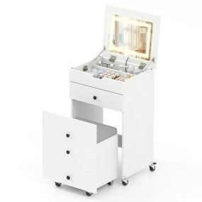 Tocador 3 en 1 con espejo y luces abatible, mesa de maquillaje con cajones, taburete, ruedas, blanco