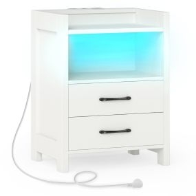 Mesita de Noche con Luces LED y Enchufes Mesilla de Noche LED con 2 Cajones y Estante Abierto Mesa Ayudante Moderna para Salón Blanco