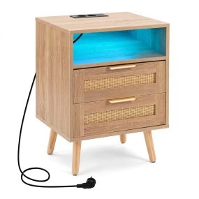 Mesita de noche de ratán natural con luz LED, enchufe y gran capacidad de almacenamiento 45 x 35 x 61,5 cm