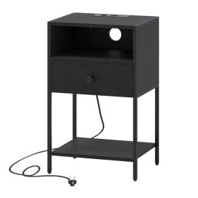Mesita de Noche con Estación de Carga Industrial Compartimento Abierto Cajón Estante Almacenamiento Compacta Dormitorio Sala de Estar Negro