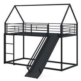 Cama litera en forma de casa con tobogán, cama baja, barandilla y escalera 200 x 90 cm negro