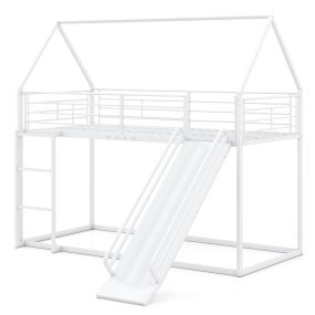 Cama litera en forma de casa con tobogán, barandilla y escalera, 200 x 90 cm, blanco