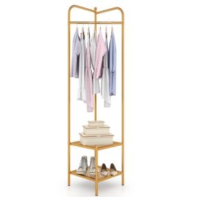Perchero de Esquina 2 en 1 Perchero Ropa con Colgador Superior y 2 Estantes Armario Abierto Ahorro Espacio 42,5 x 42,5 x 193,5 cm Oro