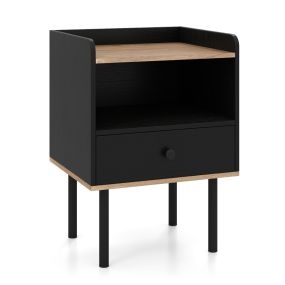 Mesita de Noche con Cajón y Estante Abierto Patas de Metal Mesa Auxiliar Compacta para Salón o Dormitorio Negro