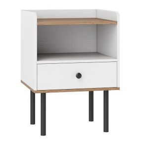Mesita de Noche con Cajón y Estante Abierto Patas de Metal Mesa Auxiliar Compacta para Salón o Dormitorio Blanco