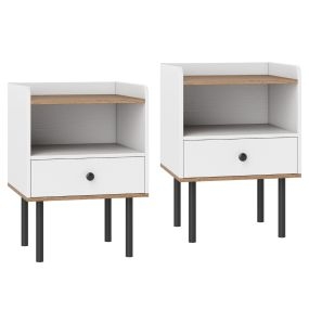 Juego de 2 Mesitas de Noche con Cajón y Estante Abierto Patas de Metal Mesa Auxiliar Compacta para Salón o Dormitorio Blanco