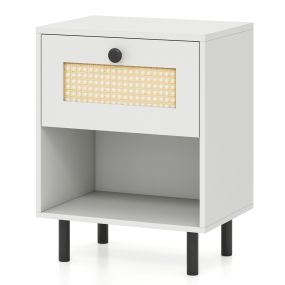 Mesita de Noche con Cajón Bohemia con Patas de Metal Compartimento Abierto para Dormitorio Oficina Salón Blanco