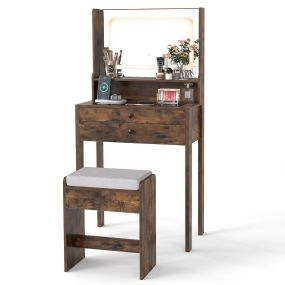 Tocador con espejo LED y taburete, cajones, puertos USB, 64 x 40 x 132 cm, marrón