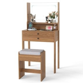 Tocador con espejo e iluminación, mesa de maquillaje con tomas de corriente, 3 modos y taburete acolchado natural