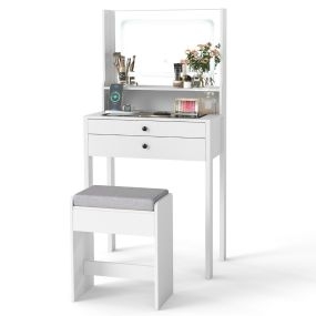 Tocador con espejo e iluminación, mesa de maquillaje blanca con tomas de corriente, 3 modos y taburete acolchado